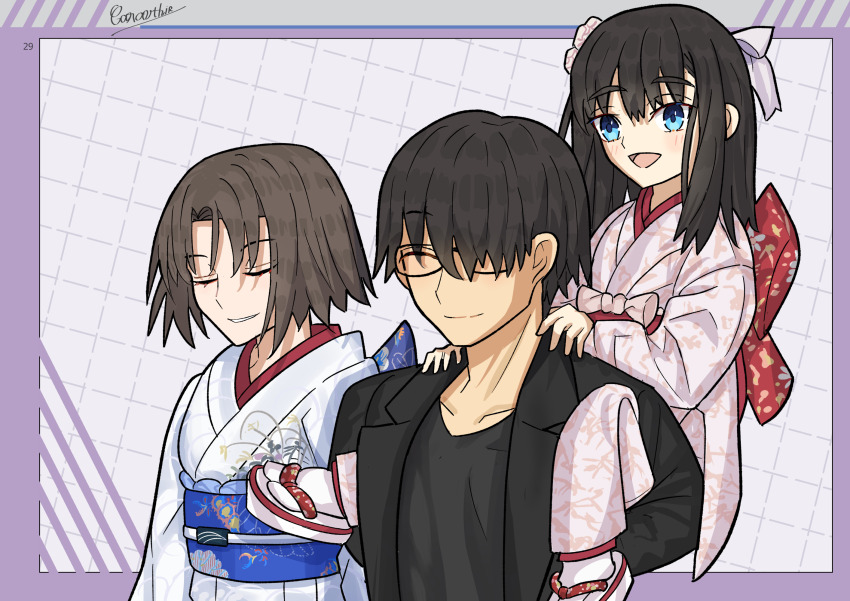 1boy 2girls black_hair black_shirt blue_eyes brown_hair caravthir carrying child closed_eyes family father_and_daughter glasses hair_over_eyes hair_ribbon highres husband_and_wife jacket japanese_clothes kara_no_kyoukai kimono kokutou_mikiya long_hair mother_and_daughter multiple_girls piggyback ribbon ryougi_mana ryougi_shiki shirt short_hair smile