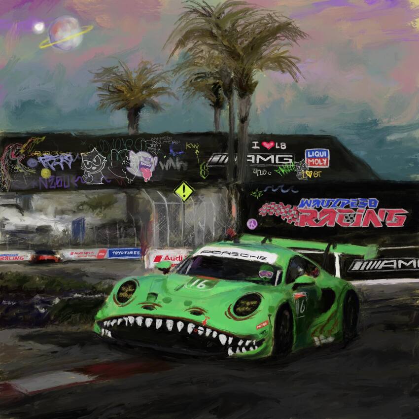 1other :o alien ao_racing audi boo_(mario) california car cloud cool_s driving faux_traditional_media godzilla godzilla_(series) goggles graffiti grand_prix_of_long_beach highres imsa_sportscar_championship kellymoss_racing logo mario_(series) mercedes-benz moon motor_vehicle motul_(company) nintendo open_mouth painterly palm_tree planet porsche_911 porsche_992 race_vehicle racecar real_world_location rexy_(ao_racing) road_sign sign sky spoiler_(automobile) sponsor tree vehicle_focus wavypeso