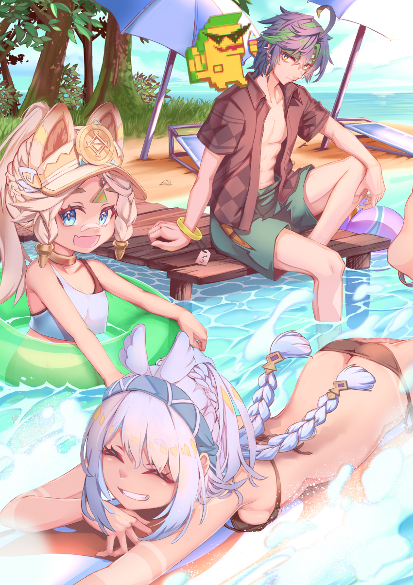 1boy 2girls ^_^ absurdres ahoge ajaw_(genshin_impact) animal_ears aqua_shorts ass bare_shoulders beach beach_umbrella bikini black_bikini black_hair blonde_hair blue_eyes blue_hairband bracelet braid breasts brown_shirt butt_crack chinchilla_ears closed_eyes collarbone commentary_request day fall4592 genshin_impact green_innertube grin hairband highres jewelry kachina_(genshin_impact) kinich_(genshin_impact) long_hair looking_at_viewer lying medium_breasts medium_hair mualani_(genshin_impact) multiple_girls on_stomach open_clothes open_mouth open_shirt outdoors pectorals ponytail puffy_short_sleeves puffy_sleeves shirt short_sleeves shorts sitting smile swimsuit tan tanline twin_braids umbrella very_long_hair visor_cap white_hair yellow_eyes