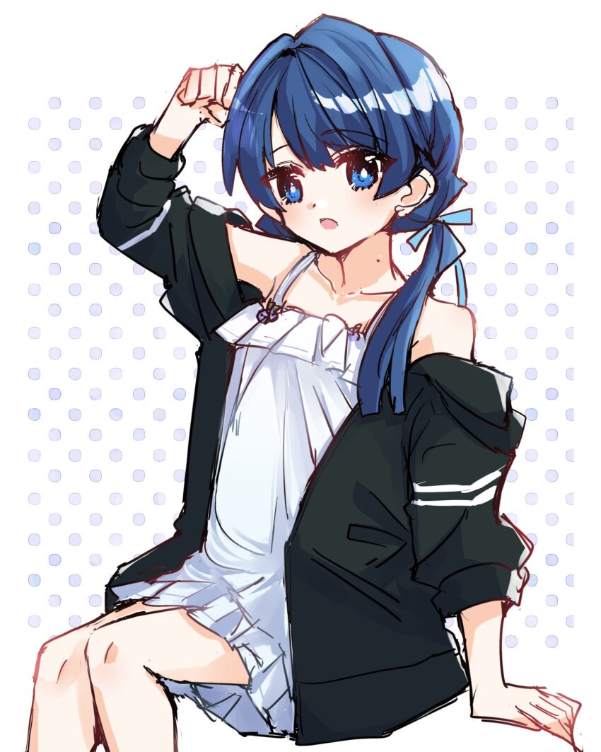 1girl :o alternate_costume arm_up bare_shoulders black_jacket blue_background blue_eyes blue_hair blue_ribbon border borrowed_clothes clenched_hand collarbone commentary_request feet_out_of_frame frilled_nightgown hair_ribbon highres invisible_chair jacket kanduki_kamibukuro link!_like!_love_live! long_hair love_live! low_twintails mole mole_on_neck murano_sayaka nightgown off_shoulder outside_border polka_dot polka_dot_background ribbon sitting solo three-quarter_sleeves twintails virtual_youtuber white_border white_nightgown yugiri_tsuzuri yugiri_tsuzuri_(summer_loungewear)
