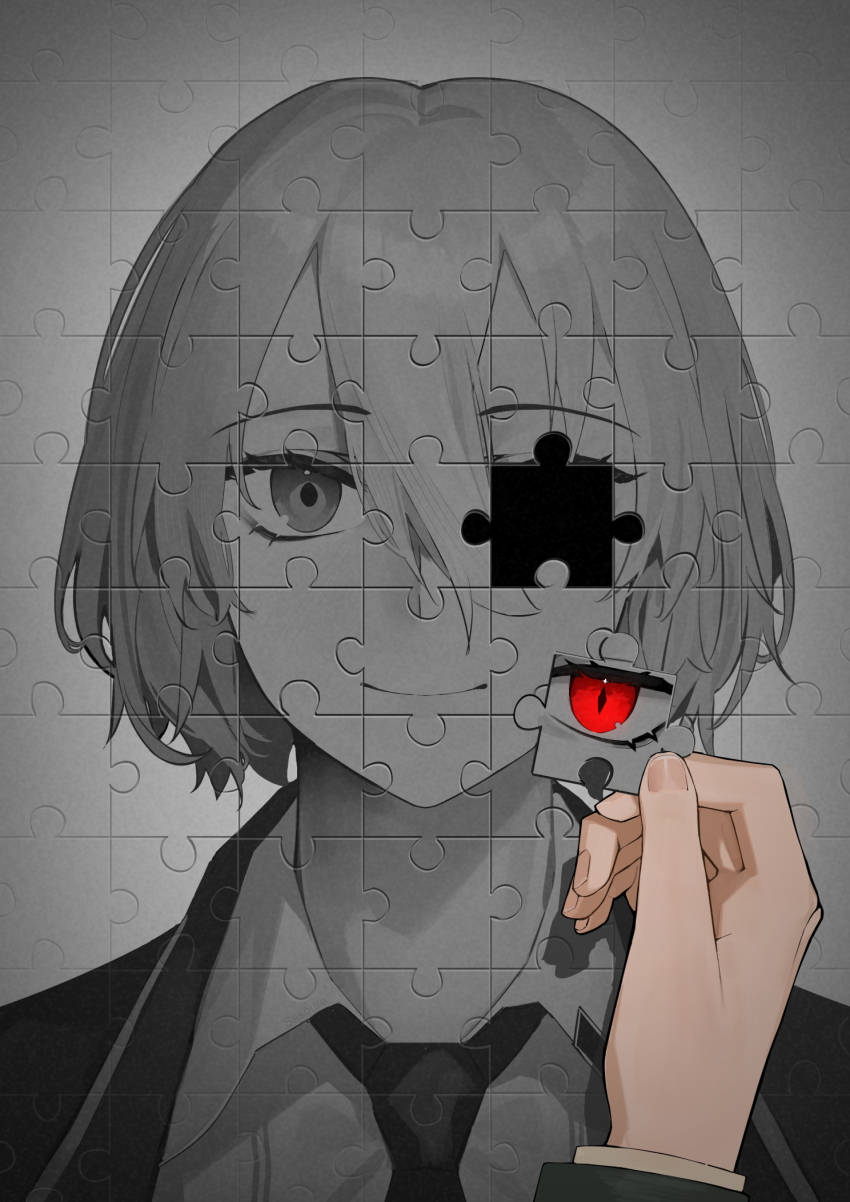 1girl don_quixote_(project_moon) formal_clothes highres jigsaw_puzzle light_smile limbus_company monochrome multicolored_hair necktie project_moon puzzle puzzle_piece red_eyes sasoura short_hair slit_pupils smile solo streaked_hair suit