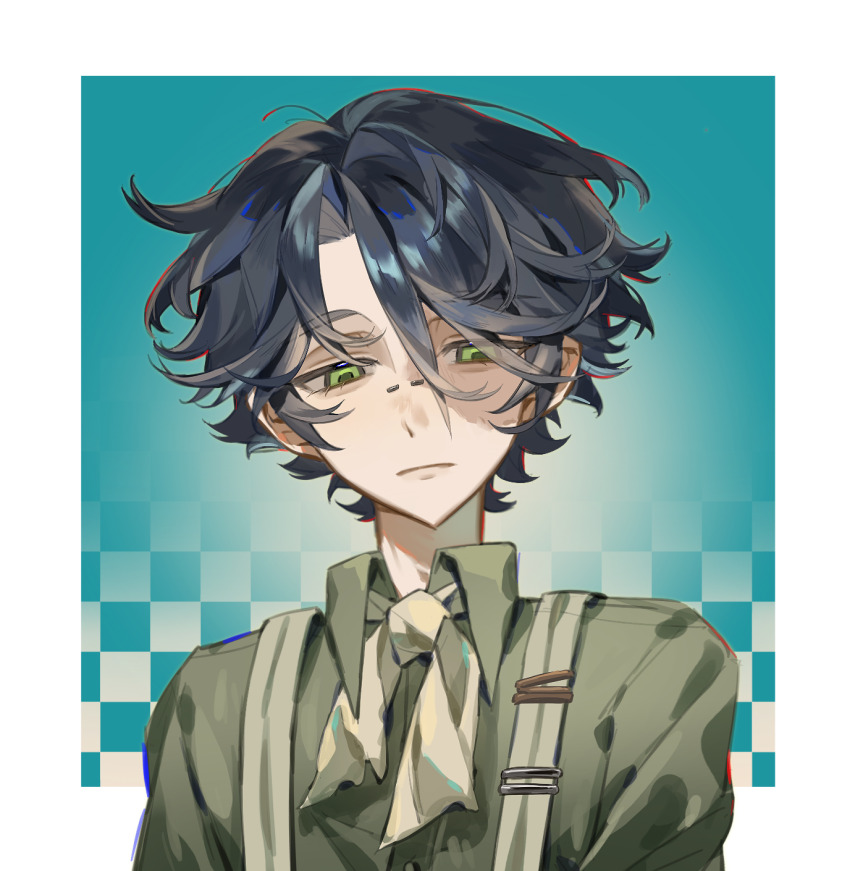 1boy aqua_background black_hair border bridge_piercing burn_scar chinese_commentary closed_mouth collared_shirt commentary_request dianbo635 expressionless eyes_visible_through_hair green_eyes green_shirt hair_between_eyes highres identity_v male_focus neckerchief norton_campbell nose_piercing outside_border piercing portrait procreate_(medium) scar scar_on_face shirt short_hair solo suspenders white_border yellow_neckerchief