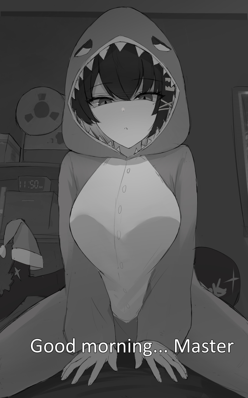 1girl absurdres alarm_clock animal_hood bedroom black_hair breasts clock closed_mouth colored_inner_hair ellen_joe english_text fang fins fish_tail good_morning_my_brother_(meme) greyscale hair_between_eyes hands_on_another&#039;s_stomach hands_up hat_on_tail highres hood hooded_pajamas large_breasts looking_at_viewer looking_down meme mole mole_under_eye monochrome multicolored_hair namikare narrowed_eyes pajamas parody pov raglan_sleeves reel-to-reel_tape_recorder scar scar_on_tail scene_reference seven-segment_display shaded_face shark_girl shark_hood shark_tail shelf short_hair solo_focus straddling subtitled tail tokidoki_bosotto_roshia-go_de_dereru_tonari_no_alya-san zenless_zone_zero