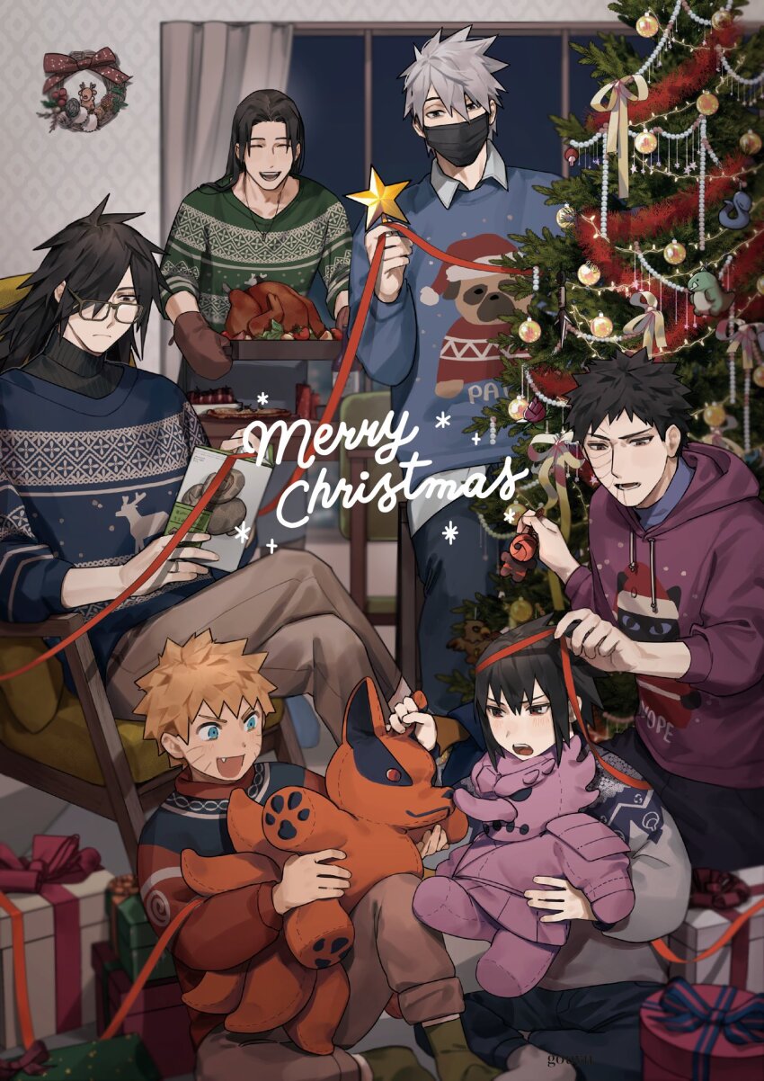 6+boys animal_print black_hair blonde_hair blue_eyes box brown_hair chair character_doll christmas christmas_ornaments christmas_present christmas_star christmas_tree closed_mouth commentary dog_print facial_mark food gift gift_box glasses grey_hair hatake_kakashi highres holding holding_food hood hoodie indoors kurama_(naruto) long_hair long_sleeves looking_at_another male_focus mask merry_christmas mouth_mask multiple_boys naruto_(series) naruto_shippuuden open_mouth pants passion07253741 reading scar scar_on_face senju_hashirama shirt short_hair sitting socks spiked_hair susanoo_(naruto) sweater symbol-only_commentary table turkey_(food) uchiha_madara uchiha_obito uchiha_sasuke uzumaki_naruto whisker_markings window