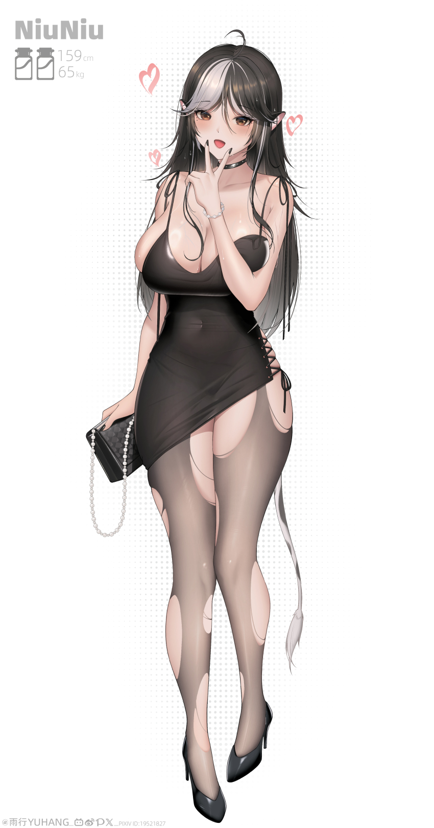 1girl absurdres ahoge animal_ears artist_name bag bilibili_logo black_dress black_hair black_nails black_pantyhose black_shoes blush breasts cleavage commentary covered_navel curvy dress full_body heart high_heels highres holding holding_bag large_breasts long_hair multicolored_hair nail_polish open_mouth original pantyhose pixiv_id pixiv_logo shoes simple_background solo streaked_hair torn_clothes torn_pantyhose twitter_x_logo v v_over_head very_long_hair watermark weibo_watermark white_background white_hair yellow_eyes yuxing_yuhang