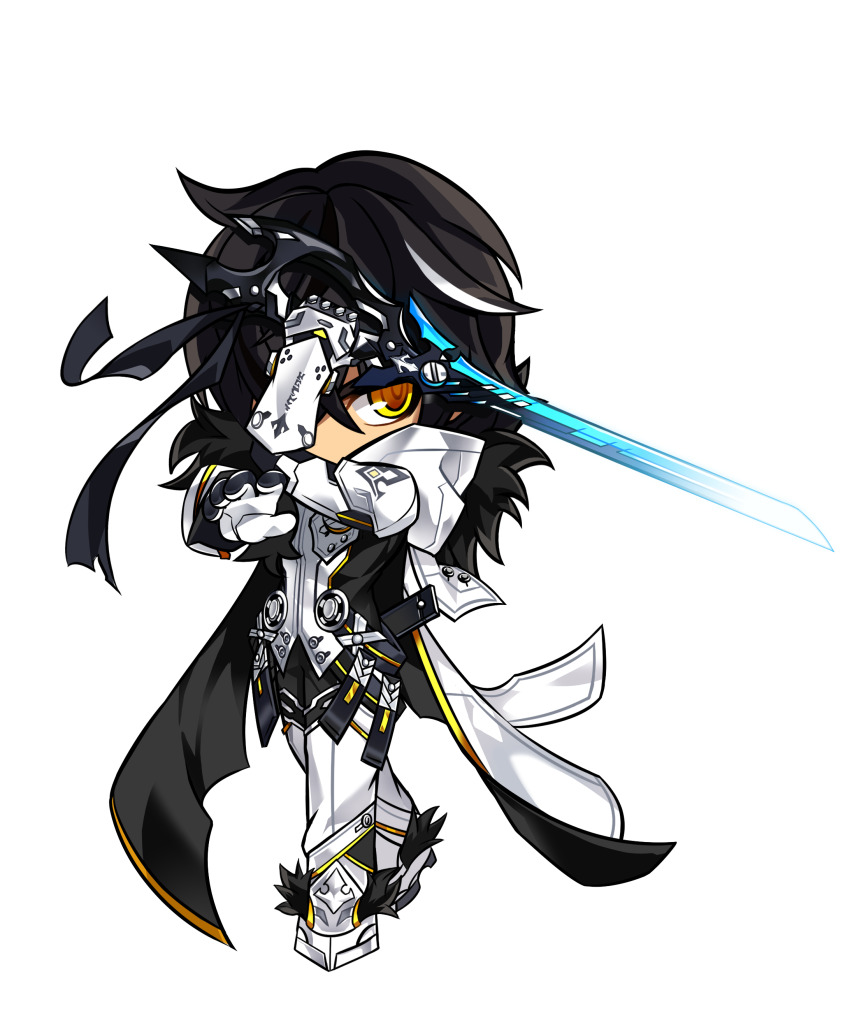 1boy absurdres armored_boots black_coat black_gloves black_hair black_ribbon black_shirt black_wings boots chibi coat covered_mouth dark-skinned_male dark_skin elsword feathered_wings fighting_stance game_cg gloves hair_between_eyes highres holding holding_sword holding_weapon hood hood_down hooded_coat hwansang long_hair male_focus mechanical_arms multicolored_hair official_art one_eye_covered open_clothes open_coat outstretched_hand pants raven_cronwell ribbon second-party_source shirt shoes single_mechanical_arm solo standing streaked_hair sword tachi-e torn_ribbon transparent_background two-sided_coat two-sided_fabric two-tone_gloves weapon white_coat white_gloves white_hair white_pants white_shoes winged_boots wings yellow_eyes