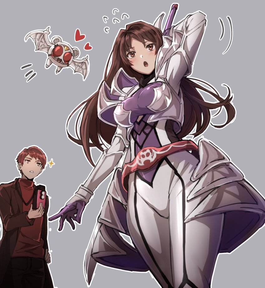 1boy 1girl :o armor bat_(animal) bat_wings belt black_pants breasts brown_jacket camera gloves heart highres hikari_natsumi hip_armor holding holding_behind_back holding_camera holding_sword holding_sword_behind_back holding_weapon holding_weapon_behind_back jacket kadoya_tsukasa kamen_rider kamen_rider_dcd kamen_rider_kivala kivala large_breasts legs_together long_coat long_hair mido_(byebyebye03) pants purple_gloves red_sweater short_hair shoulder_armor solo sparkle standing sweater sword turtleneck vampire weapon white_armor wings