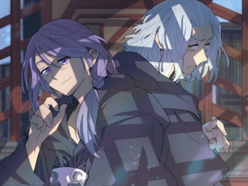 2boys back-to-back black_robe braid emet-selch final_fantasy final_fantasy_xiv hand_up highres hythlodaeus lattice light_particles looking_at_viewer looking_back male_focus mask mask_around_neck medium_hair multiple_boys purple_eyes purple_hair radoge14 robe side_braid single_braid smile sophist&#039;s_robe_(ff14) unworn_mask upper_body white_hair window_shadow yellow_eyes