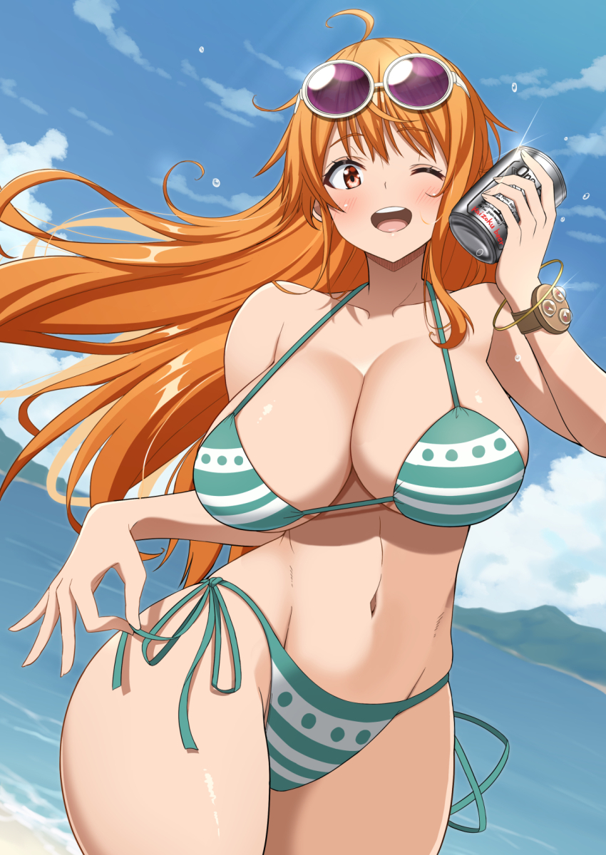 1girl beach beer_can bikini blush breasts can cleavage curvy drink_can green_bikini highres kojirou! large_breasts legs long_hair looking_at_viewer nami_(one_piece) navel ocean one_eye_closed one_piece open_mouth orange_eyes orange_hair pulling_own_clothes side-tie_bikini_bottom smile strap_pull sunglasses_on_head swimsuit teasing teeth thighs tongue water wink