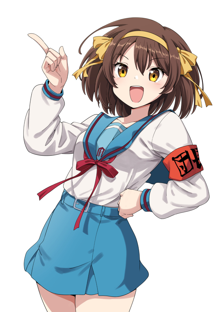 1girl :d armband blue_sailor_collar blue_skirt breasts brown_eyes brown_hair collarbone hair_between_eyes hair_ribbon hairband hand_on_own_hip hand_up highres index_finger_raised kita_high_school_uniform long_sleeves open_mouth red_armband red_ribbon ribbon sailor_collar school_uniform serafuku simple_background skirt smile solo standing sutemeto suzumiya_haruhi suzumiya_haruhi_no_yuuutsu teeth thighs tongue upper_teeth_only white_background winter_uniform yellow_hairband yellow_ribbon