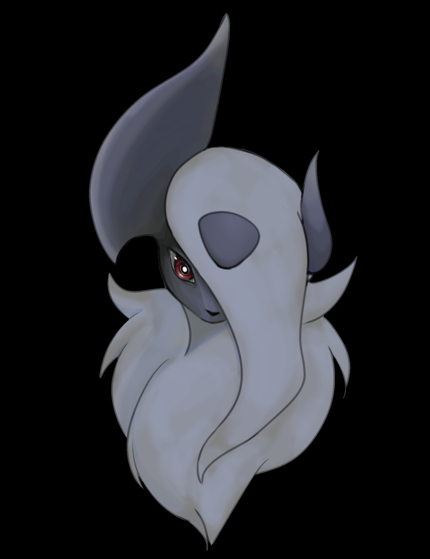 absol black_background bright_pupils gen_3_pokemon hair_over_one_eye highres long_hair looking_at_viewer mega_absol mega_pokemon neck_fur nintendo one_eye_covered pokemon pokemon_(creature) red_eyes rey_(pixiv_95560830) simple_background white_hair white_pupils