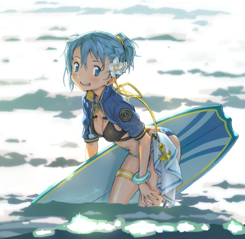1girl bikini bikini_under_clothes blue_eyes blue_hair blue_nails blue_theme bracelet cape earrings flower hair_flower hair_ornament hand_on_own_thigh highres holding holding_surfboard jewelry kondoo looking_at_viewer magia_record:_mahou_shoujo_madoka_magica_gaiden magical_girl mahou_shoujo_madoka_magica miki_sayaka miki_sayaka_(surfer_ver.) multiple_straps ocean open_mouth outdoors partially_submerged ponytail shrug_(clothing) solo soul_gem surfboard swimsuit water white_cape white_flower