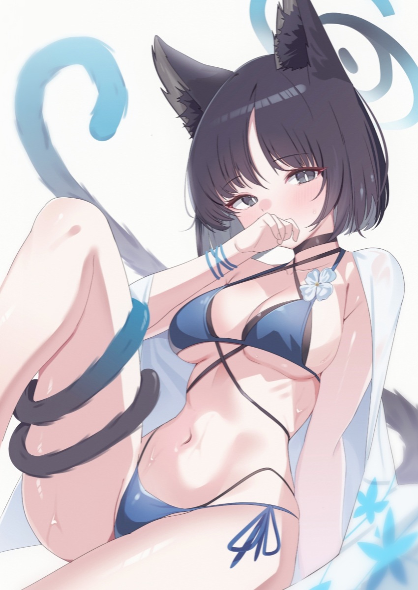 1girl absurdres animal_ears bakeneko bikini black_eyes black_hair black_tail blue_archive blue_bikini blue_halo blue_tail breasts cat_ears cat_girl cat_tail criss-cross_straps gradient_tail halo haori highres japanese_clothes kikyou_(blue_archive) kikyou_(swimsuit)_(blue_archive) layered_bikini looking_at_viewer medium_breasts multiple_tails navel official_alternate_costume poko050498 short_hair solo swimsuit tail two_tails white_haori