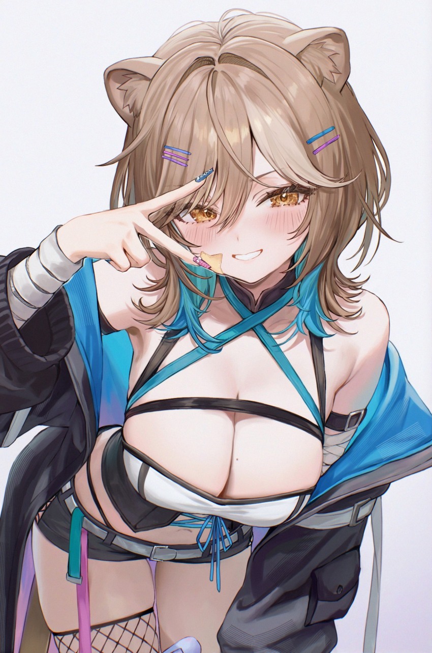 1girl animal_ears arm_belt armpits bandaged_arm bandages bare_shoulders belt bent_over black_jacket black_shirt black_shorts blue_hair breasts brown_hair cleavage commentary commission cowboy_shot criss-cross_halter crop_top english_commentary fishnet_thighhighs fishnets foame grin hair_ornament hairclip halterneck hand_up hazumi_aileen highleg highres indie_virtual_youtuber jacket large_breasts lion_ears long_hair long_sleeves looking_at_viewer micro_shorts midriff mole mole_on_breast multicolored_hair nail_polish navel off_shoulder open_clothes open_jacket orange_eyes panty_straps second-party_source shirt shorts simple_background single_thighhigh sleeveless sleeveless_shirt smile solo thighhighs thighs two-tone_hair v virtual_youtuber white_background