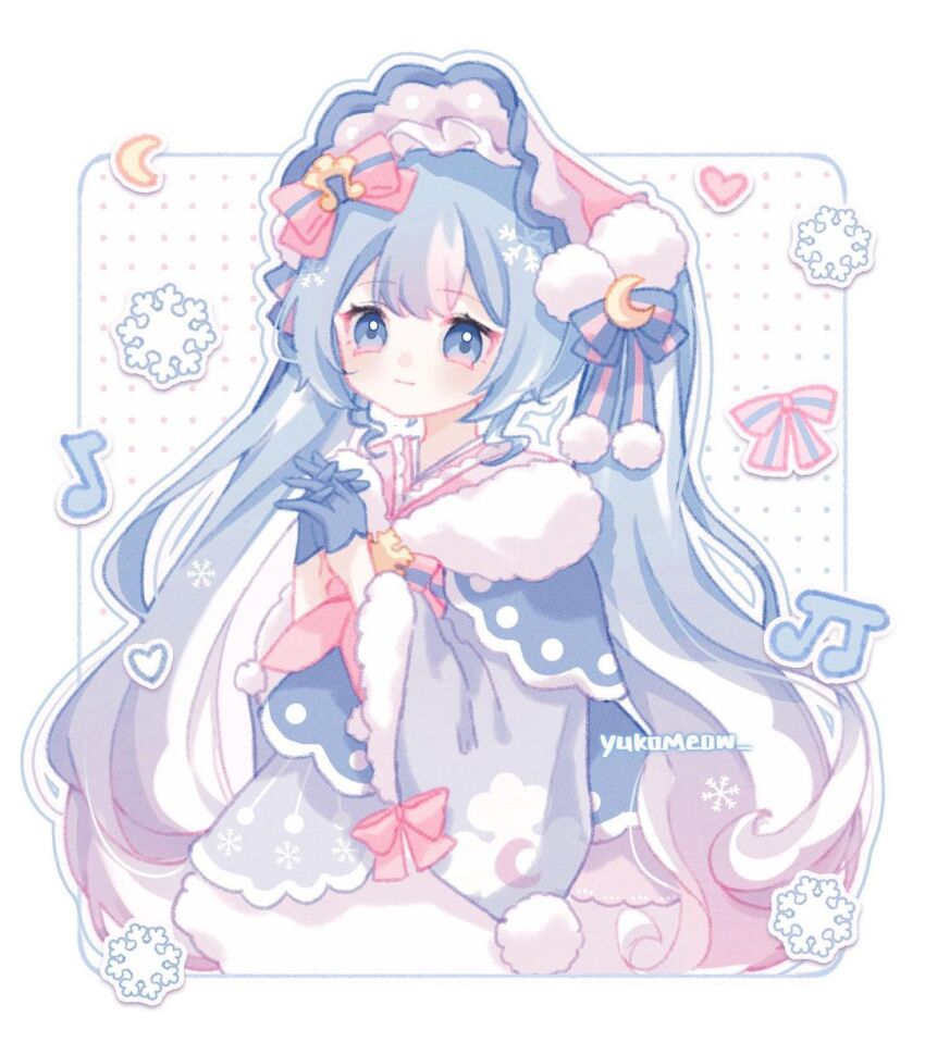 1girl artist_name blue_bow blue_capelet blue_eyes blue_gloves blue_hair blue_kimono bonnet border bow bowtie capelet closed_mouth commentary crescent crescent_hair_ornament english_commentary eyelashes fantasy fortissimo frilled_headwear fur_trim gloves gradient_hair hair_bow hair_ornament hatsune_miku heart highres japanese_clothes kimono light_blue_hair light_smile long_hair looking_ahead multicolored_hair musical_note musical_note_hair_ornament own_hands_clasped own_hands_together pink_bow pink_bowtie pink_hair pink_headwear polka_dot polka_dot_background polka_dot_kimono pom_pom_(clothes) sleeve_bow smile snowflake_brooch snowflake_print snowflakes striped_bow twintails two-tone_hair vocaloid wavy_hair white_background white_border yuki_miku yuki_miku_(2023) yukomeow