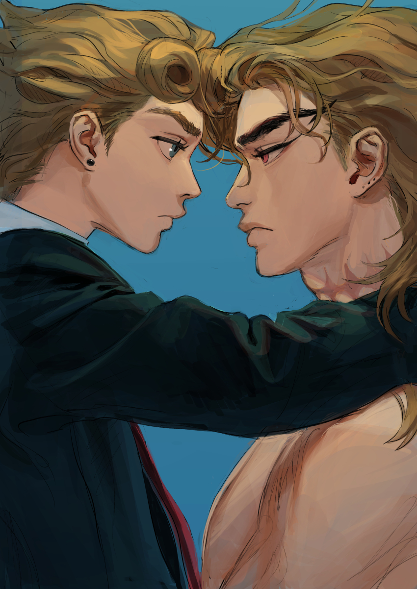 2boys absurdres arm_on_another&#039;s_shoulder blue_background collared_shirt dio_brando earrings eye_contact father_and_son from_side giorno_giovanna green_eyes green_jacket highres implied_incest jacket jewangchobab jewelry jojo_no_kimyou_na_bouken long_hair looking_at_another male_focus multiple_boys necktie red_eyes red_necktie scar scar_on_neck shirt simple_background stardust_crusaders topless_male vento_aureo victory_rolls white_shirt