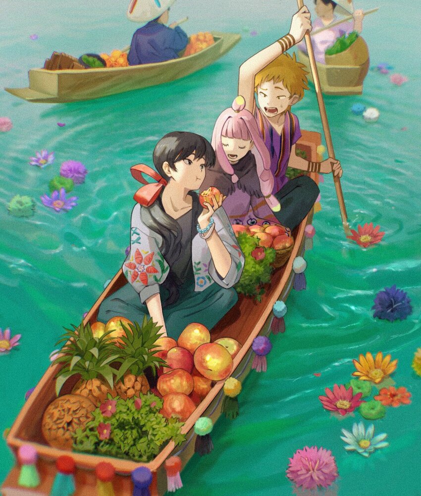 1girl 2boys basket bead_bracelet beads black_hair black_shawl black_shirt blonde_hair blue_flower blue_pants blunt_bangs blurry boat bracelet chakotata commentary_request day depth_of_field dress embroidery faceless faceless_male facing_another flower flower_on_liquid food fruit grey_jacket hair_ribbon hand_up hat highres holding holding_oar indian_style jacket jewelry long_hair looking_at_another looking_away looking_back low_ponytail melon multiple_boys oar open_mouth original outdoors pants peach pineapple pink_flower ponytail purple_dress purple_shirt red_ribbon ribbon rice_hat river rowboat rowing shawl shirt short_hair sidelocks sitting sweatdrop tassel water watercraft white_flower