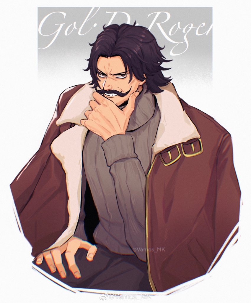 1boy absurdres black_eyes black_hair brown_coat character_name coat coat_on_shoulders facial_hair gol_d._roger grey_sweater grin hand_on_own_chin hand_on_own_thigh highres lapels male_focus mustache notched_lapels one_piece short_hair smile solo sweater turtleneck turtleneck_sweater two-sided_coat two-sided_fabric upper_body vamos_mk white_background