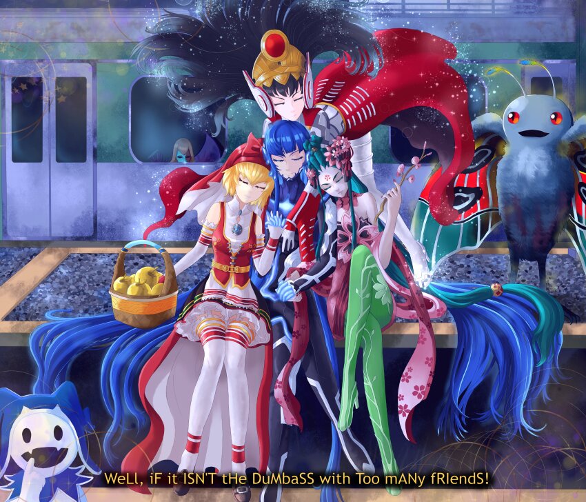 1boy 3girls 3others absurdres androgynous apple armor bare_shoulders basket blonde_hair blue_hair bodysuit branch breasts cherry_blossoms closed_eyes commentary commission ebrietas_(arayaejiri) elbow_gloves english_commentary english_text eyelashes facial_mark floating_hair flower food forehead_mark fruit garter_straps gloves golden_apple green_hair green_pantyhose hair_flower hair_ornament headgear highres holding holding_branch holding_hands hug hug_from_behind idunn_(megami_tensei) isonokami_tao jack_frost_(megami_tensei) konohana_sakuya_(megami_tensei) loki_(megami_tensei) long_hair medium_breasts monster monster_girl multiple_girls multiple_others pantyhose peeking_out protagonist_(smtv) red_veil shin_megami_tensei shin_megami_tensei_v shin_megami_tensei_v:_vengeance short_hair sitting smile sparkle star_(symbol) thighhighs train_station train_station_platform uneven_bangs veil very_long_hair white_thighhighs