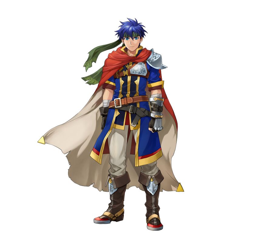 1boy absurdres armor belt blue_eyes blue_hair boots cape commentary_request fingerless_gloves fire_emblem fire_emblem:_path_of_radiance fire_emblem_heroes full_body gauntlets gloves headband highres ike_(fire_emblem) indesign looking_at_viewer male_focus nintendo official_art pants short_hair shoulder_armor simple_background solo standing two-sided_cape two-sided_fabric white_background