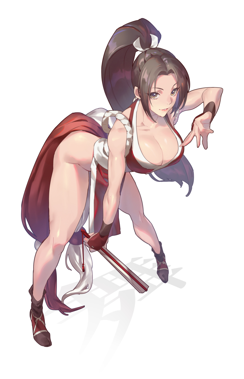 1girl absurdres arched_back bare_shoulders black_footwear breasts bridal_gauntlets brown_eyes brown_hair cleavage commentary_request fatal_fury folding_fan hair_intakes hand_fan high_ponytail highres holding holding_fan large_breasts long_hair looking_at_viewer pelvic_curtain ponytail red_bridal_gauntlets revealing_clothes shiranui_mai simple_background smile solo talgi the_king_of_fighters thighs white_background