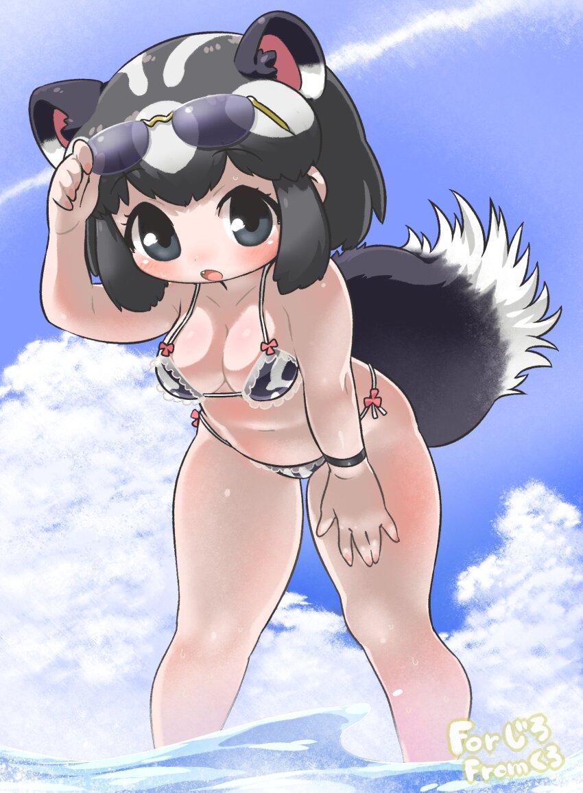1girl :o adjusting_eyewear animal_ears artist_name bikini black_bikini black_eyes black_hair blue_sky blush breasts cloud commission commissioner_name day extra_ears eyewear_on_head fang hand_on_own_thigh highres kemono_friends kuro_(kurojill) looking_at_viewer medium_breasts multicolored_bikini multicolored_hair open_mouth outdoors short_hair side-tie_bikini_bottom skeb_commission skunk_ears skunk_girl skunk_tail sky solo spotted_skunk_(kemono_friends) standing sunglasses swimsuit tail two-tone_bikini two-tone_hair variant_set wading water white_bikini white_hair wristband
