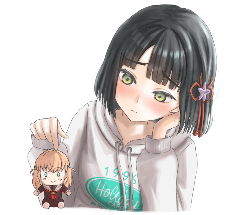 1girl absurdres black_hair blunt_bangs blunt_ends blush blush_stickers bob_cut brown_dress character_doll clothes_writing commentary cropped_torso doll dress flower flower_knot green_eyes hair_flower hair_ornament hasu_no_sora_school_uniform highres hinoshita_kaho hood hoodie implied_yuri link!_like!_love_live! long_sleeves looking_at_object love_live! momose_ginko momose_ginko_(summer_training_wear) neckerchief nose_blush orange_hair ponyou1030 purple_flower rabbit_hair_ornament raised_inner_eyebrows red_neckerchief sailor_collar sailor_dress school_uniform short_hair simple_background solo two_side_up upper_body virtual_youtuber white_background white_hoodie white_sailor_collar winter_uniform