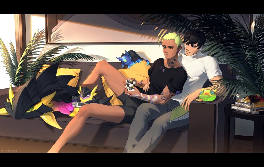 2boys absurdres black_hair book brown_eyes chips_(food) controller couch creature food game_controller green_hair highres indoors leaning_on_person light_particles multiple_boys on_couch plant potted_plant purple_eyes shirt short_hair sikong_afeng t-shirt valorant wireless_earphones