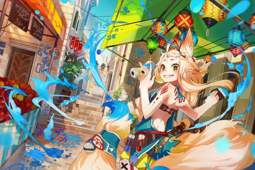 1girl animal_ears backless_outfit bare_arms bare_shoulders belt between_fingers blonde_hair bra city commentary door female_focus flipped_hair food fox_ears fox_tail fruit green_eyes grin holding holding_paintbrush lantern long_hair looking_at_viewer looking_back mmlu_(honwa_karesu) paint_splatter paintbrush scenery short_eyebrows sleeveless smile solo stairs tail teeth test_tube underwear