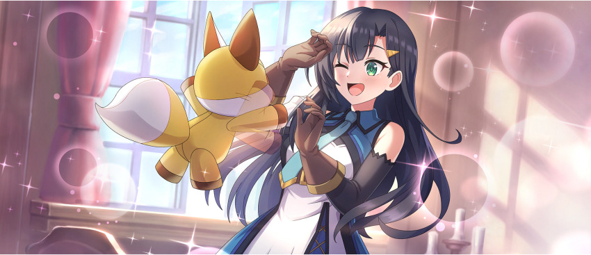 1girl armor bare_shoulders belt belt_around_waist black_hair black_sleeves blue_necktie blue_skirt breasts brown_belt brown_gloves detached_sleeves game_cg gloves green_eyes hair_ornament hairclip happy highres indoors kon_jiro kono_subarashii_sekai_ni_shukufuku_wo! konosuba!_fantastic_days lia_(konosuba) light_blush long_hair medium_breasts necktie official_art one_eye_closed shirt shoulder_armor skirt sleeveless sleeveless_shirt stuffed_toy white_shirt