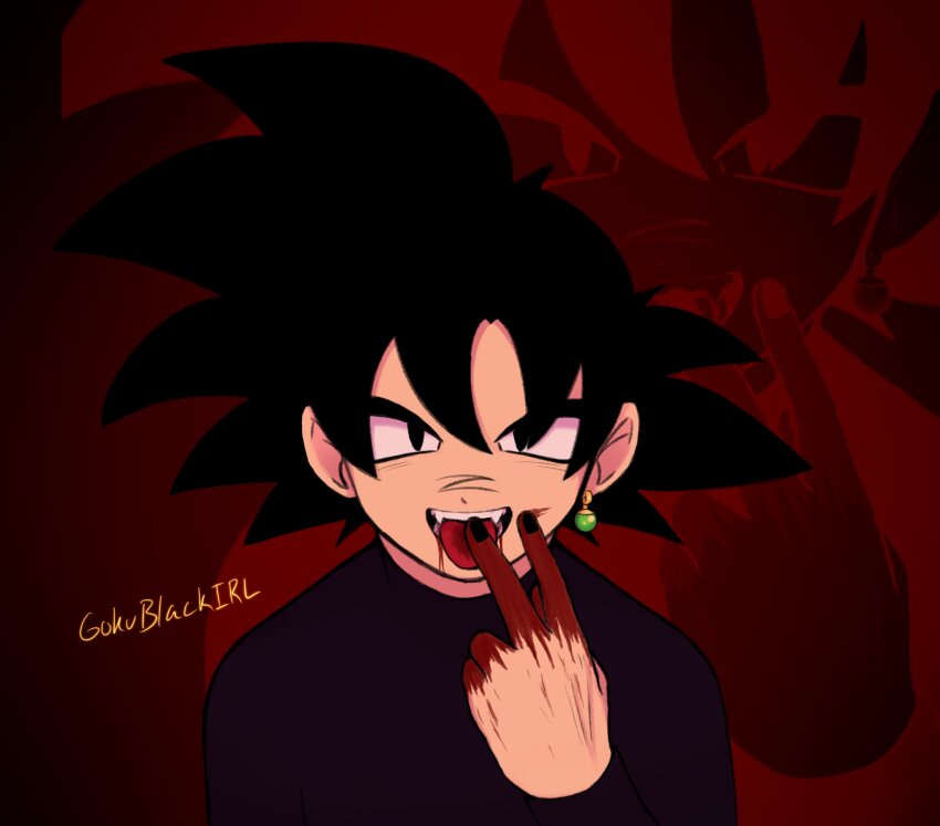 1boy absurdres black_bodysuit black_eyes black_hair black_nails blood blood_on_face blood_on_hands bodysuit dragon_ball dragon_ball_super earrings finger_on_tongue goku_black gokublackirl highres jewelry long_sleeves looking_at_viewer nail_polish open_mouth potara_earrings red_background ring saiyan sharp_teeth smile solo spiked_hair teeth tongue tongue_out