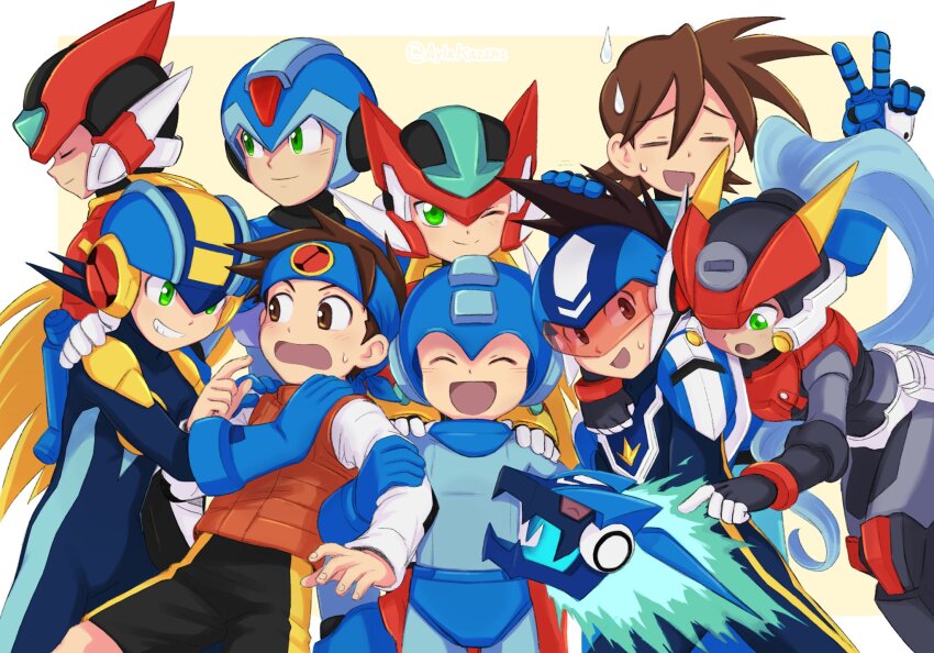 2girls 6+boys aile_(mega_man_zx) android arm_cannon armor ashe_(mega_man) assault_visor ayla_kazemi black_shorts blonde_hair blue_bodysuit blue_headband blue_helmet bodysuit brown_eyes brown_hair closed_eyes forehead_jewel geo_stelar_(mega_man) green_eyes group_picture headband helmet high_ponytail highres in-franchise_crossover lan_hikari_(mega_man) long_hair mega_man_(character) mega_man_(classic) mega_man_(series) mega_man_battle_network_(series) mega_man_day mega_man_legends_(series) mega_man_star_force_(series) mega_man_x_(series) mega_man_zero_(series) mega_man_zx mega_man_zx_advent megaman.exe model_a_(mega_man) model_zx_(mega_man) multiple_boys multiple_girls netnavi one_eye_closed orange_vest ponytail red-tinted_eyewear red_armor red_helmet shirt short_hair shorts star_force_mega_man tinted_eyewear v vest weapon white_shirt x_(mega_man) zero(z)_(mega_man) zero_(mega_man)