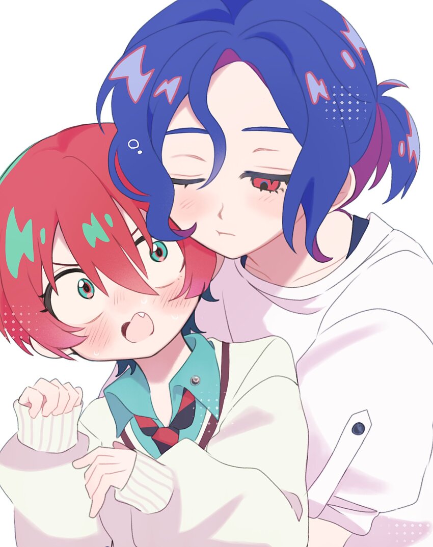 1boy 1girl amate_yuzuriha aqua_eyes blue_hair blush collared_shirt colored_inner_hair commentary fang gundam gundam_gquuuuuux highres hug hug_from_behind long_sleeves mi_re_n multicolored_hair necktie one_eye_closed open_mouth ponytail purple_hair red_eyes red_hair school_uniform shirt short_hair shuji_ito simple_background sweater two-tone_hair upper_body white_background white_shirt wide-eyed