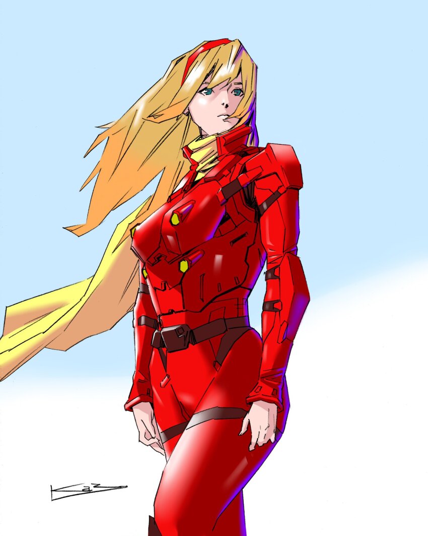 009_re:cyborg 1girl blonde_hair bodysuit closed_mouth cyborg_009 francoise_arnoul green_eyes hairband highres ikeda_kazuhiro red_bodysuit scarf solo yellow_scarf