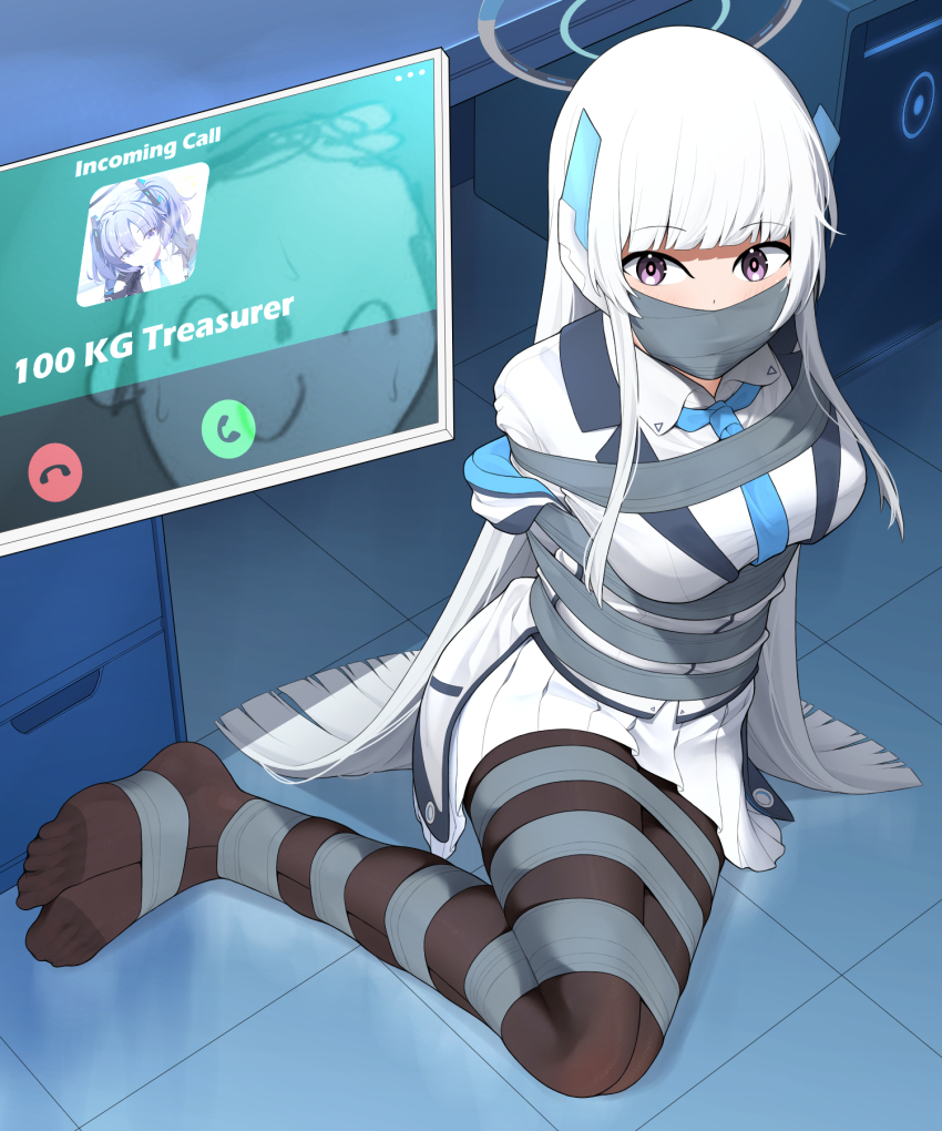 1boy 1girl arms_behind_back bdsm black_pantyhose blue_archive blue_hair blue_necktie blush bondage bound bound_ankles bound_arms bound_legs breast_bondage breasts doodle_sensei_(blue_archive) duct_tape feet floating_screen formal_clothes gag gagged halo headgear highres improvised_gag jacket large_breasts long_hair looking_at_viewer mechanical_halo necktie no_shoes noa_(blue_archive) pantyhose purple_eyes restrained sensei_(blue_archive) shirt solo_focus suit sweat tape tape_bondage tape_gag toes tunaabyssal two-sided_fabric two-sided_jacket two_side_up very_long_hair white_hair white_halo white_jacket white_shirt white_suit yuuka_(blue_archive)