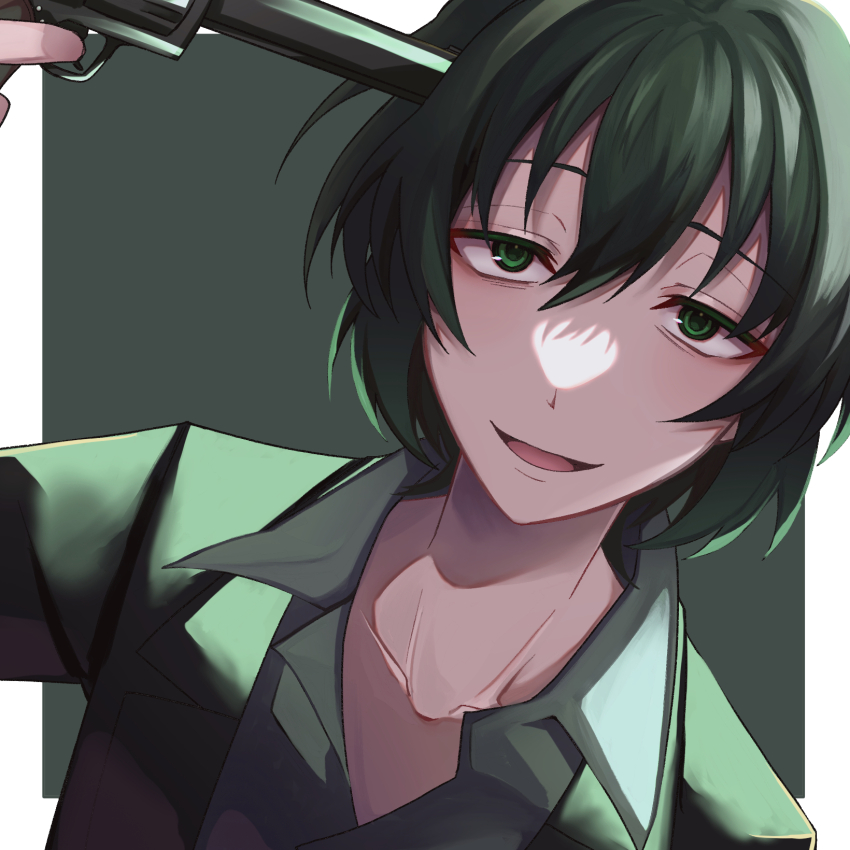 1boy black_hair green_background green_eyes gun gun_to_head highres holding holding_gun holding_weapon male_focus nathu_mochi niccolo_carpediem servamp short_hair weapon