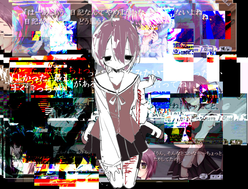 1girl absurdres ahoge black_eyes black_skirt blood blush boxcutter closed_mouth dialogue_box dot_mouth empty_eyes full_body g-senjou_no_maou game_screenshot_inset glitch hair_between_eyes highres holding holding_boxcutter injury long_sleeves miniskirt miwa_tsubaki neck_ribbon noroi_(rnatataki) pleated_skirt purple_hair ribbon sailor_collar school_uniform self-harm serafuku short_hair sitting skirt tears translation_request visual_novel wariza white_sailor_collar wrist_cutting