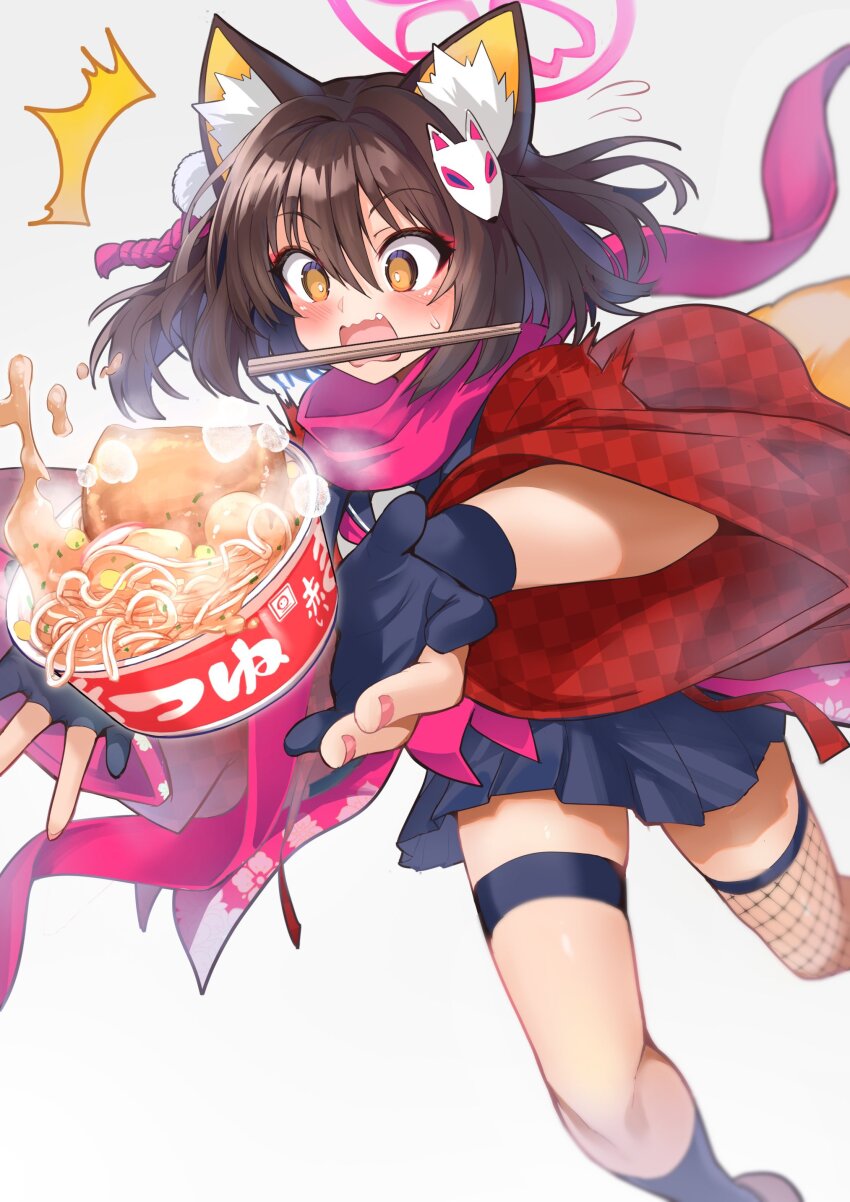 1girl absurdres animal_ear_fluff animal_ears blue_archive blush brown_hair chopsticks fang fishnets food fox_ears fox_girl fox_hair_ornament fox_tail gloves hair_ornament halo highres izuna_(blue_archive) japanese_clothes noodles open_mouth partially_fingerless_gloves pink_halo ramen scarf school_uniform short_hair simple_background single_thighhigh solo spilling tail thigh_strap thighhighs tripping wisespeak yellow_eyes