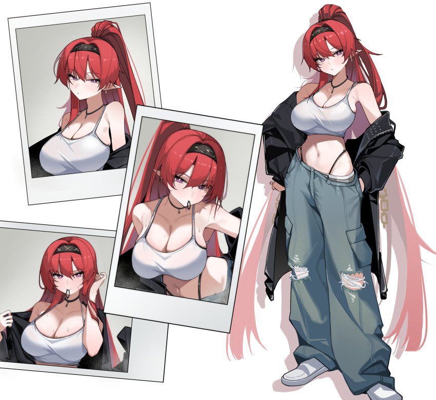 1girl absurdres alternate_costume bare_shoulders black_hairband black_jacket blush breasts bright_pupils circle_facial_mark cleavage closed_mouth clothes_down collarbone commentary denim hair_between_eyes hair_down hairband hand_in_pocket highres jacket jeans jewelry large_breasts long_hair looking_at_viewer mark_under_both_eyes multiple_views navel necklace oxooxo666 pants pointy_ears ponytail purple_eyes red_hair shoes solo sports_bra stomach sweat torn_clothes torn_jeans torn_pants very_long_hair white_background white_pupils white_shoes white_sports_bra wuthering_waves yinlin_(wuthering_waves)