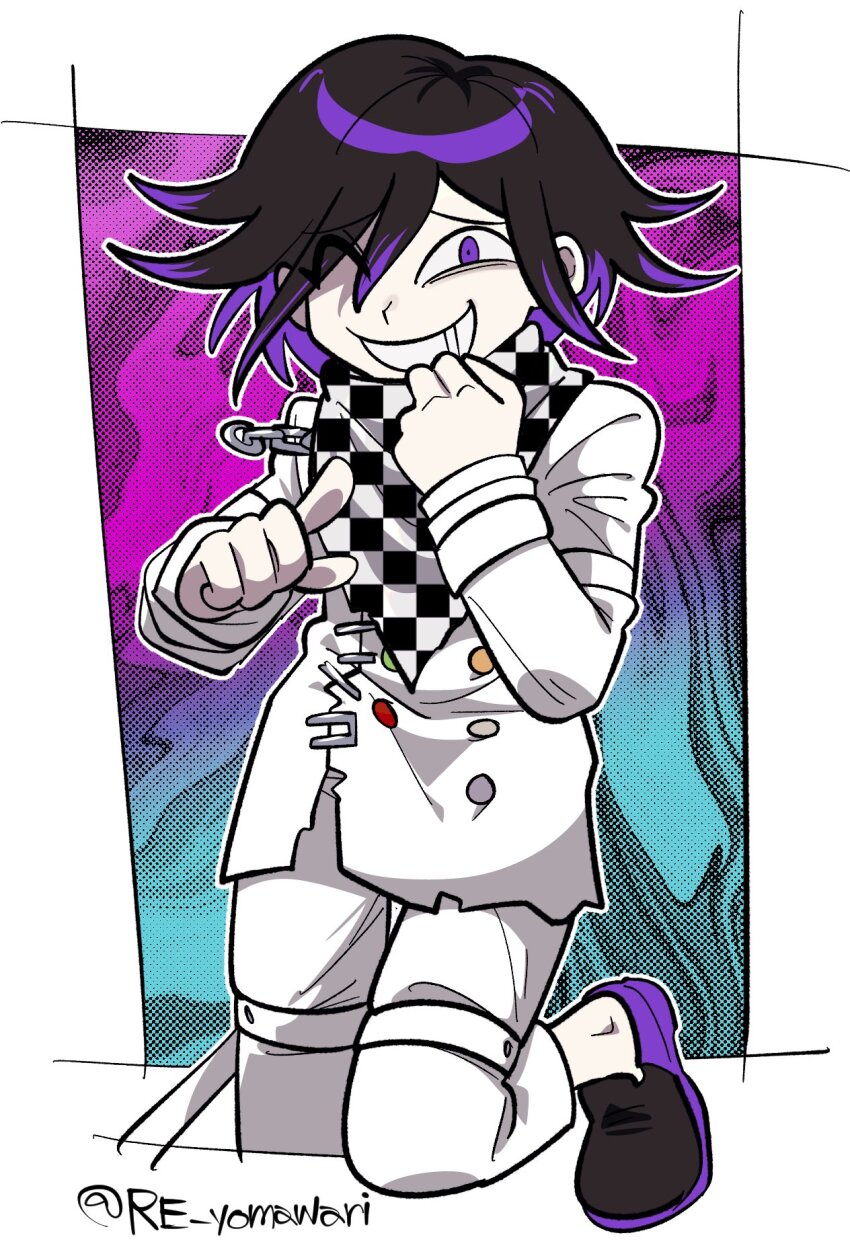 1boy black_hair black_shoes buttons checkered_clothes checkered_scarf colored_inner_hair commentary danganronpa_(series) danganronpa_v3:_killing_harmony furukawa_(yomawari) grin highres jacket leg_up long_sleeves male_focus multicolored_hair oma_kokichi one_eye_closed pants purple_eyes purple_hair scarf shoes smile solo twitter_username two-tone_hair white_jacket white_pants