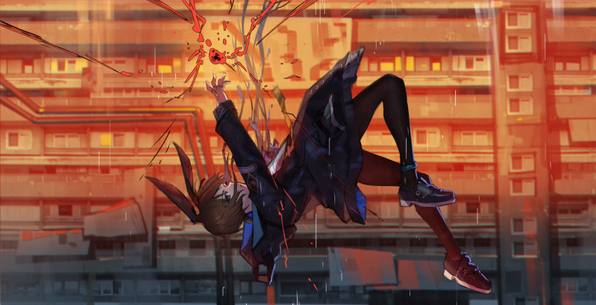 1girl amiya_(arknights) animal_ears arknights arm_up ascot black_coat black_pantyhose blue_eyes blue_shoes brown_hair building closed_mouth coat danzir from_side highres jewelry long_hair long_sleeves looking_at_viewer looking_to_the_side magic midair multiple_rings open_clothes open_coat outdoors pantyhose purple_ascot rabbit_ears ring shoes sneakers solo sunlight