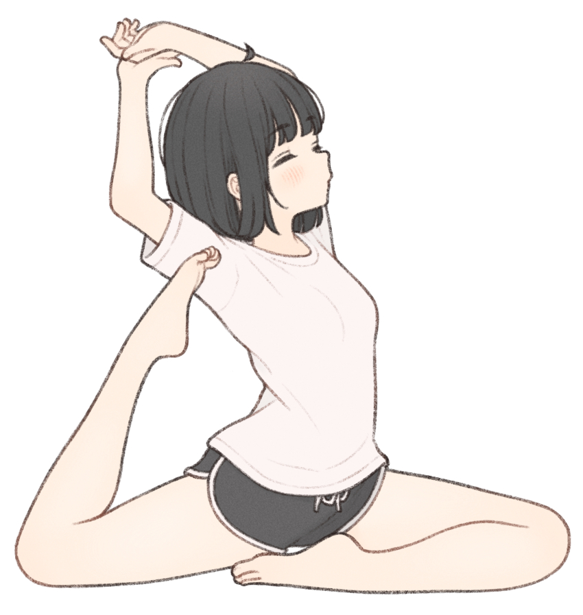 1girl 1ssakawaguchi absurdres arms_up barefoot black_hair black_shorts bob_cut closed_eyes closed_mouth commentary feet highres ichika_(1ssakawaguchi) leg_up original pigeon_pose shirt short_hair short_shorts short_sleeves shorts simple_background solo symbol-only_commentary toes white_background white_shirt yoga