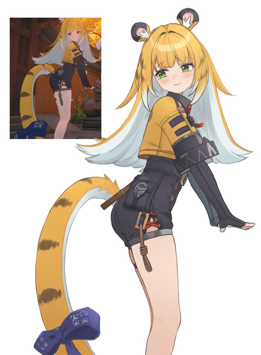 1girl animal_ear_fluff animal_ears bare_legs black_gloves black_shorts blue_bow blunt_bangs bow colored_inner_hair commentary cropped_jacket elbow_gloves fingerless_gloves from_side gloves green_eyes high-waist_shorts highres jacket ju_fufu looking_back multicolored_hair orange_hair orange_jacket pla0658 reference_inset short_shorts shorts simple_background smile solo tail tail_bow tail_ornament tiger_ears tiger_girl tiger_tail two-tone_hair white_background white_hair zenless_zone_zero