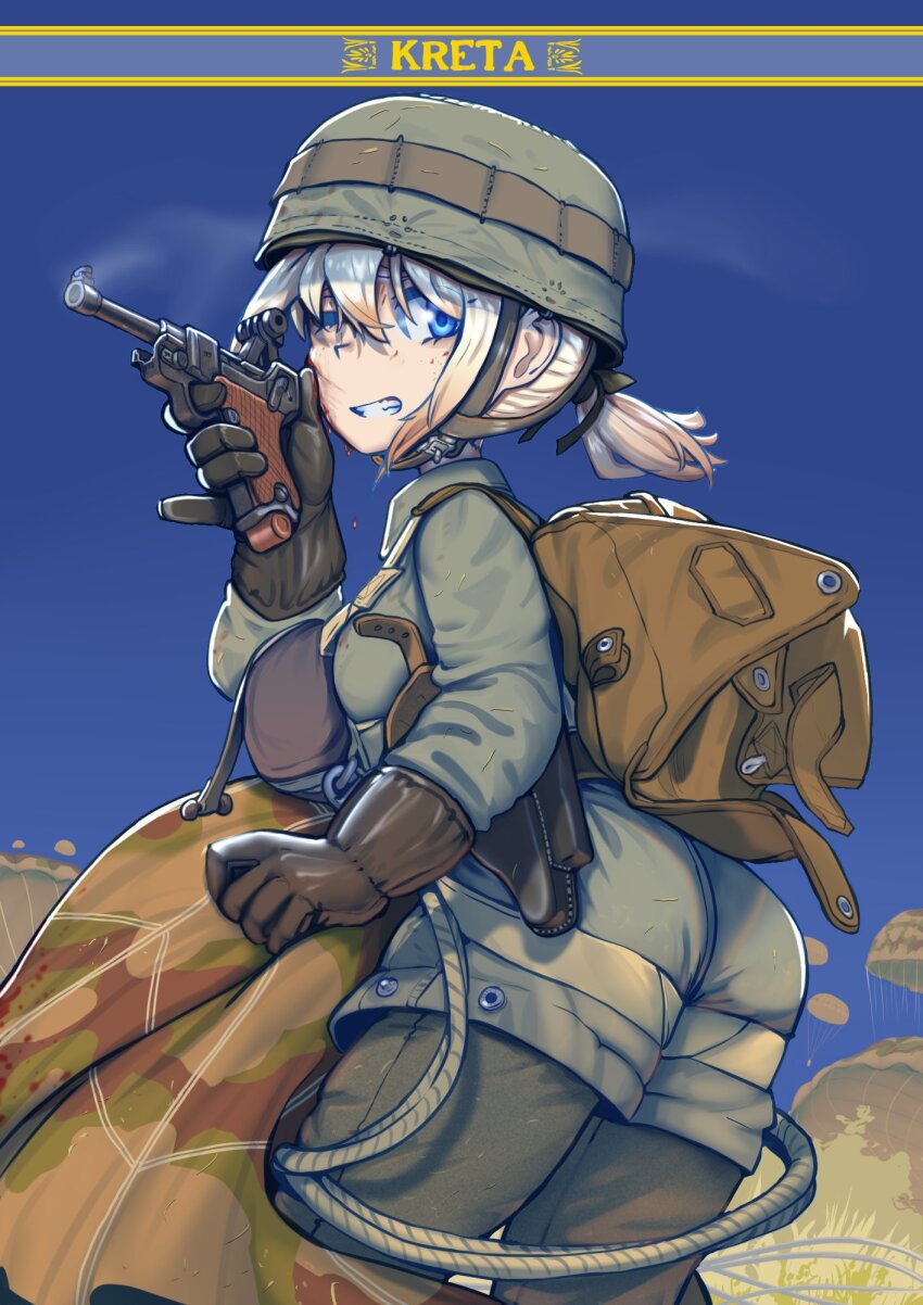 1girl ;) battle_of_crete belt black_gloves blonde_hair blood blood_on_face blue_eyes blue_sky camouflage chin_strap combat_helmet commentary erica_(naze1940) fallschirmhelm fallschirmjaeger finger_on_trigger gas_mask_canister gisela_koch gloves gun hair_between_eyes handgun helmet highres holding holding_gun holding_weapon holster load_bearing_equipment looking_at_viewer looking_back luftwaffe luger_p08 military military_uniform one_eye_closed original outdoors parachute paratrooper ponytail sky smile smoke smoking_barrel soldier solo teeth upper_body weapon world_war_ii