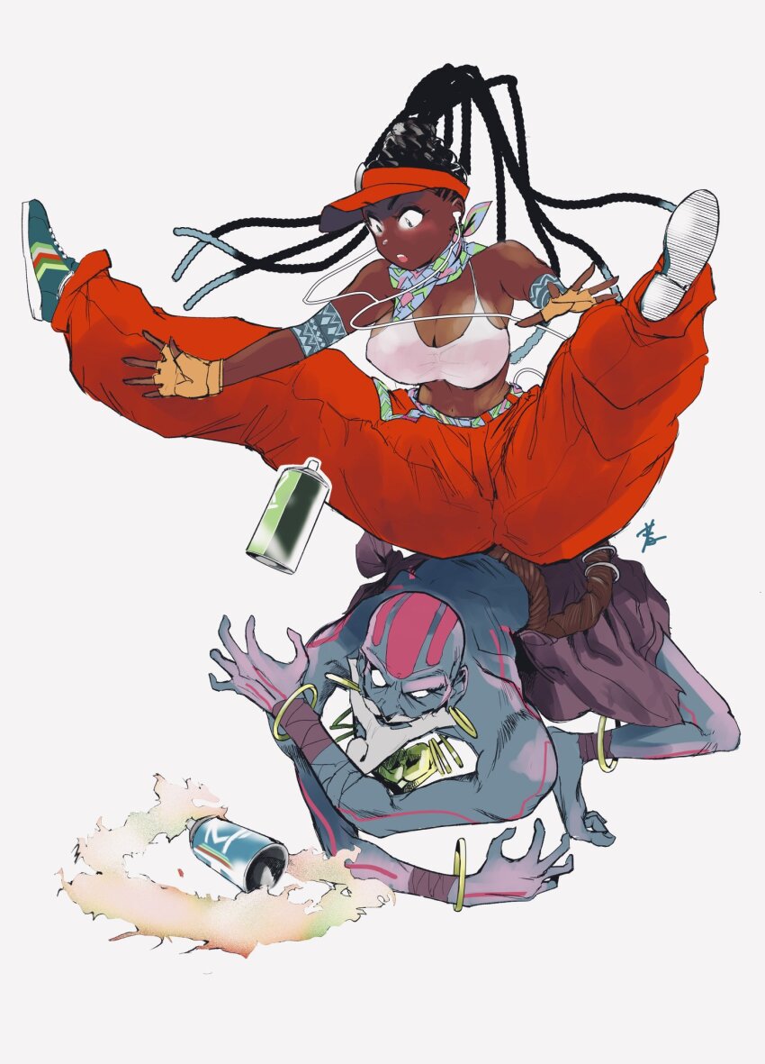 1boy 1girl anklet baggy_pants bald bracelet breasts cleavage colored_skin crop_top dark-skinned_female dark_skin dhalsim dreadlocks earbuds earphones fighting fingerless_gloves gloves grey_skin highres hiroshi_mono jewelry jumping kimberly_jackson large_breasts no_pupils official_alternate_color official_alternate_costume official_alternate_hairstyle pants scarf shoes simple_background sneakers spray_can spread_legs squatting street_fighter street_fighter_6 tattoo very_dark_skin visor_cap