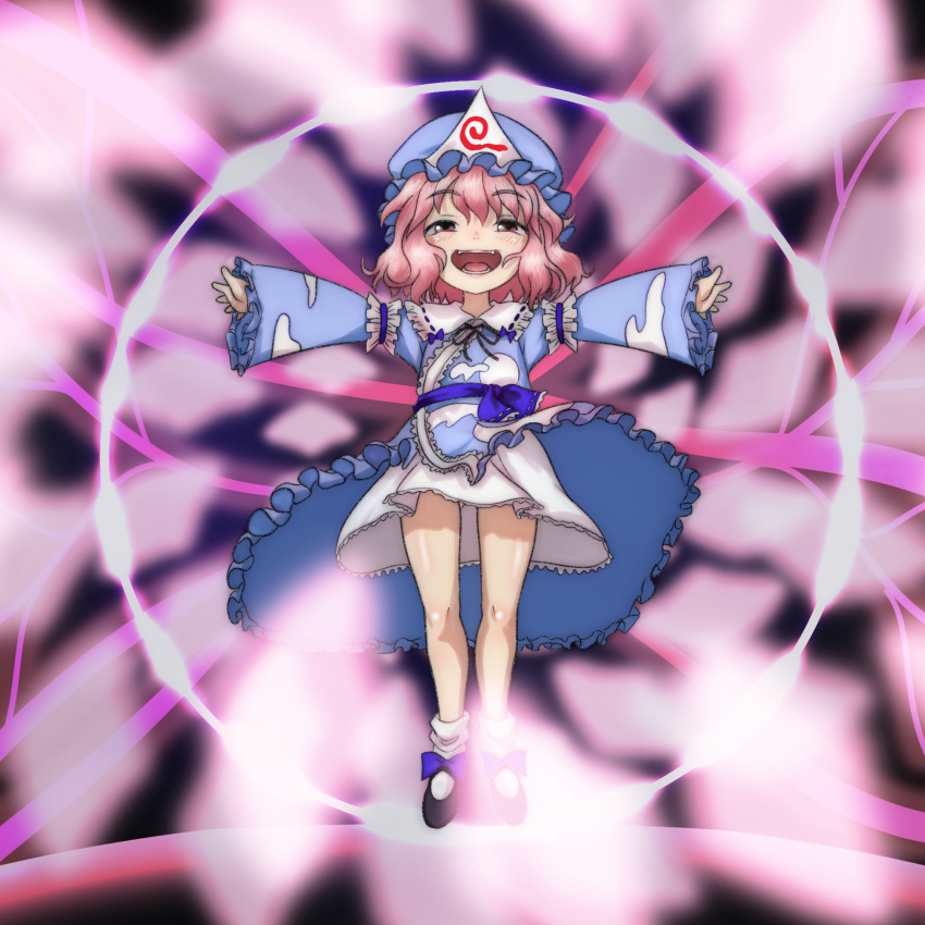 1girl black_shoes blue_bow blue_dress blue_hat blush bow cloud_print dress electricity energy_barrier fangs floating footwear_bow hat highres long_sleeves looking_at_viewer mary_janes mob_cap neck_ribbon open_mouth pink_background pink_eyes pink_hair print_dress ribbon saigyouji_yuyuko shoes short_hair smile socks t_jiroo_(ringofriend) teeth touhou triangular_headpiece white_socks wind wind_lift