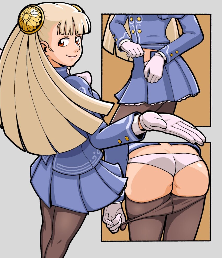 1girl ass bent_over blonde_hair capcom gloves highres ingrid_(capcom) long_hair looking_at_viewer looking_back multiple_views panties pantyhose pink_lips pulling_own_clothes red_eyes skirt solo street_fighter underwear undressing white_panties
