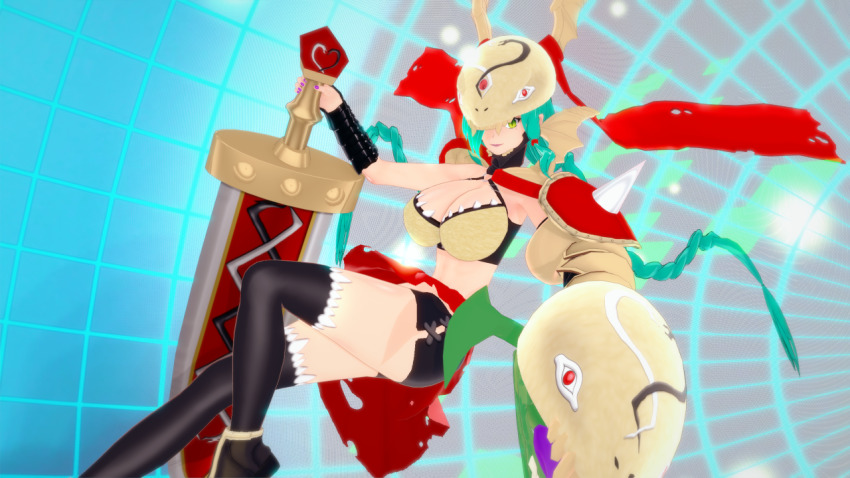 3d digimon green_hair mervamon nail_polish smile snake sword weapon yellow_eyes