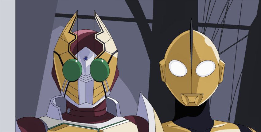 2boys alien alternate_color armor color_connection crossover kamen_rider kamen_rider_blade_(series) kamen_rider_garren multiple_boys outdoors peeking_out portrait redol shin_ultraman tree ultra_series zoffy_(shin)
