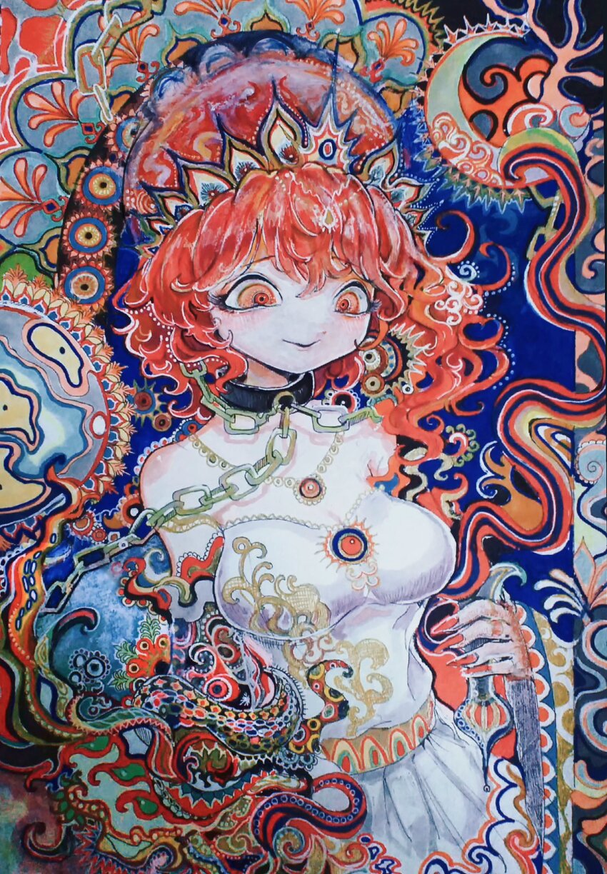 1girl abstract_background bare_shoulders breasts chain chain_leash collar comkdom fingernails hecatia_lapislazuli highres jewelry leash looking_down medium_breasts necklace parted_lips photo_(medium) psychedelic red_eyes red_hair red_nails sharp_fingernails short_hair smile solo tentacles touhou traditional_media wavy_hair wide-eyed